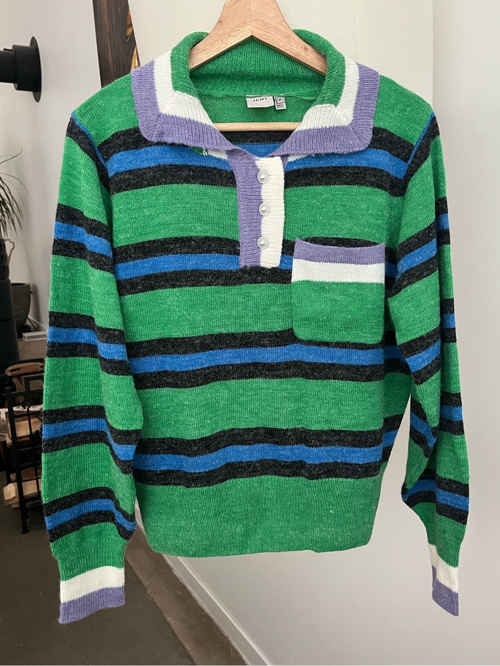 ICHI Collared Striped Knit Sweater